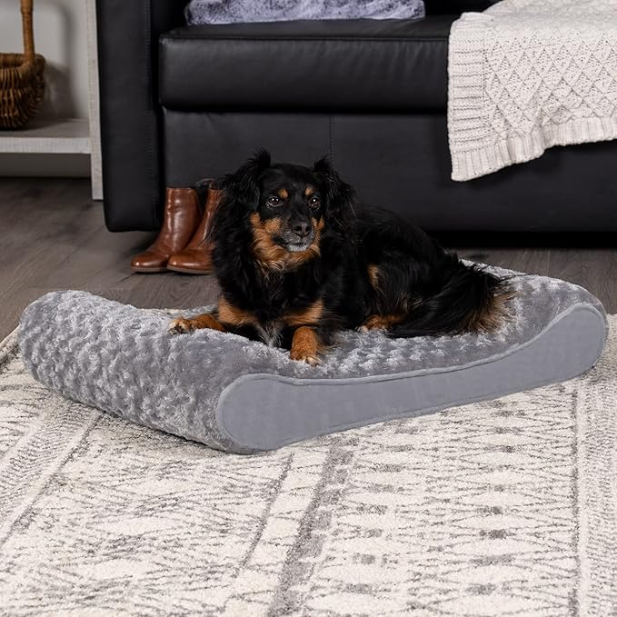 Furhaven Orthopedic Dog Bed for Medium/Small Dogs w/ Removable Washable Cover, For Dogs Up to 23 lbs - Ultra Plush Faux Fur & Suede Luxe Lounger Contour Mattress - Gray, Medium