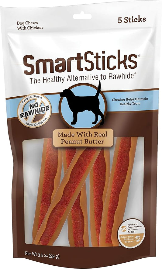 SmartBones SmartSticks, Treat Your Dog to a Rawhide-Free Chew Made With Real Peanut Butter, 5 count