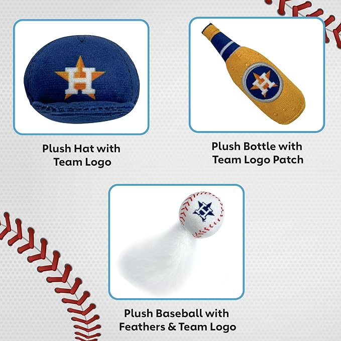 BEST PLUSH CAT TOY - MLB HOUSTON ASTROS Complete Set of 3 piece Cat Toys filled with Fresh Catnip. Incld: 1 Baseball Cap Cat Toy, 1 Baseball Cat Toy with Feathers & 1 Beer Bottle. Beautiful Team LOGOS