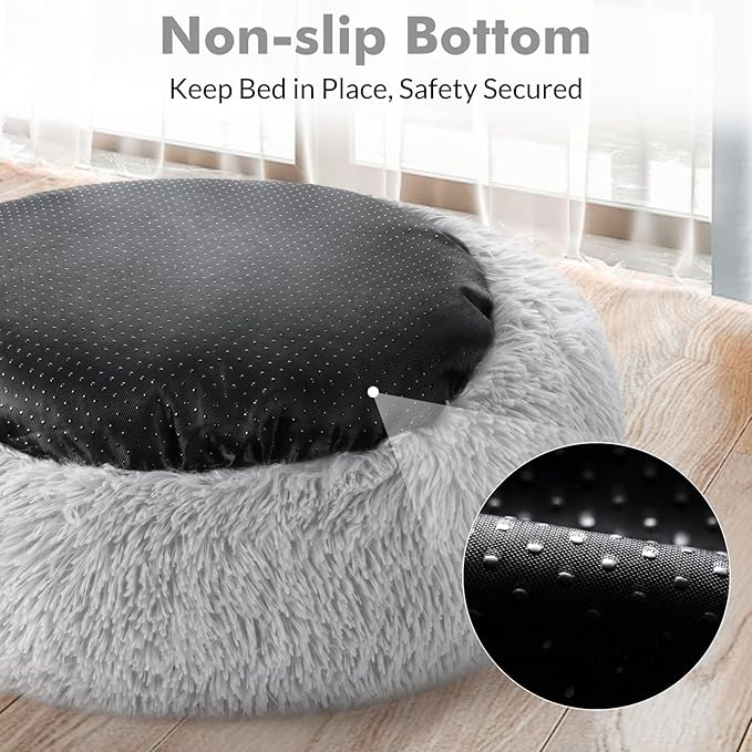 rabbitgoo Cat Beds for Indoor Cats, 24 inches Cat Bed Machine Washable, Fluffy Round Pet Bed Non-Slip, Calming Soft Plush Donut Cuddler Cushion Self Warming for Small Dogs Kittens, Light Grey, Large