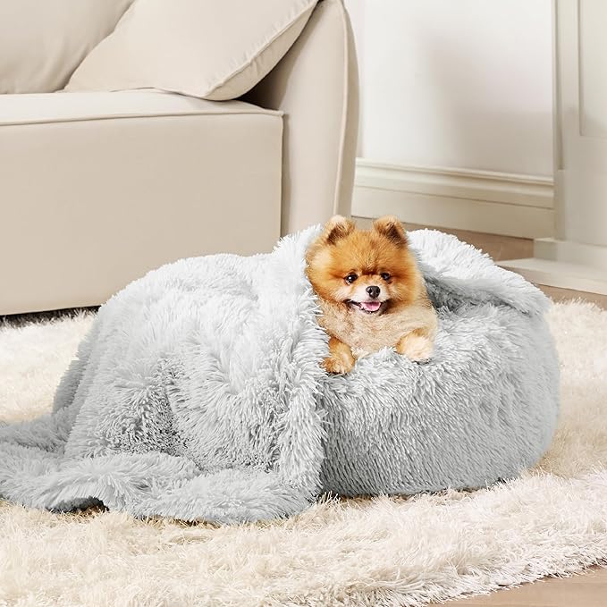 Bedsure Waterproof Dog Blankets for Small Dogs - Calming Cat Blanket for Couch Protector Washable, Long Faux Fur Pet Throw Blanket for Puppy, Reversible Furniture Protection, 25"x35", Light Grey