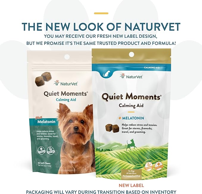 NaturVet Quiet Moments Calming Aid Dog Supplement – Helps Promote Relaxation, Reduce Stress, Storm Anxiety, Motion Sickness for Dogs – Tasty Pet Soft Chews with Melatonin – 65 Ct.