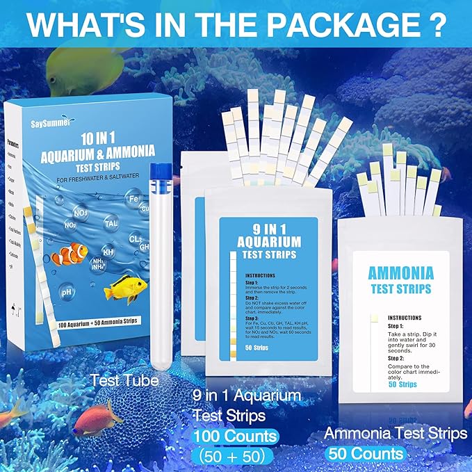 10 in 1 Ammonia Test Kit for Aquarium, 150ct Aquarium Ammonia Test Strips Freshwater Saltwater, Fish Tank Aquarium Test Strips Kit - Testing Ammonia and 9 More !