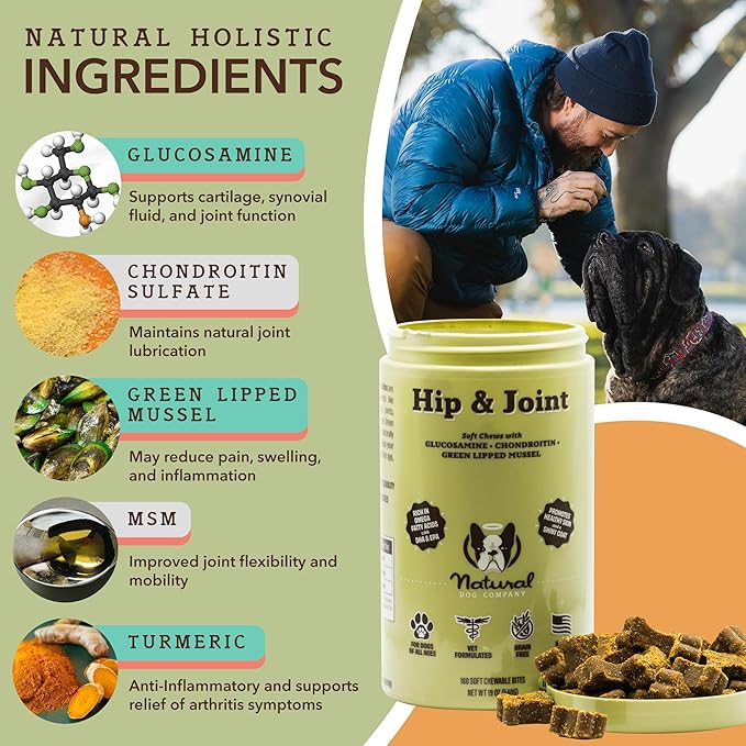 Natural Dog Company Hip & Joint Chews, Chicken Liver & Turmeric Flavor, with Glucosamine Chondroitin for Dogs, Maintains Bone and Joint Health, Supplements for Seniors and Puppies, 180 Count