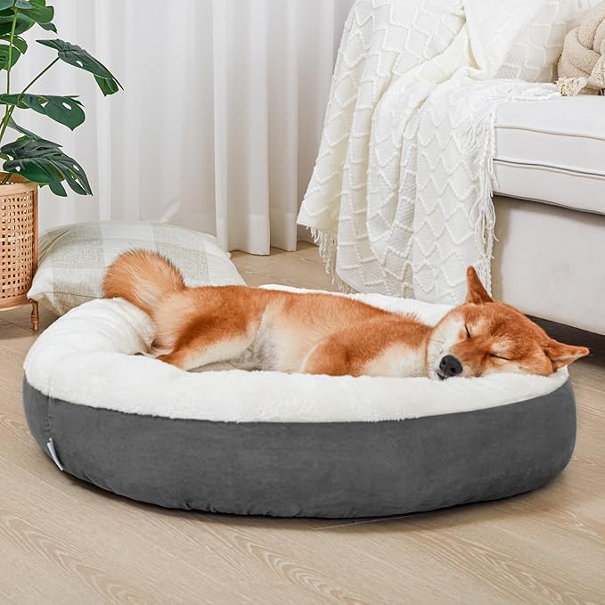 Love's cabin Round Donut Cat and Dog Cushion Bed, 30in Pet Bed for Medium or Large Dogs, Anti-Slip & Water-Resistant Bottom, Soft Durable Fabric Pet beds, Washable Calming Cat & Dog Bed Dark Grey