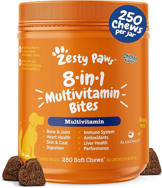 Zesty Paws Multivitamin Treats for Dogs - Glucosamine Chondroitin for Joint Support + Digestive Enzymes & Probiotics - Grain Free Dog Vitamin for Skin & Coat + Immune Health - 250 Count