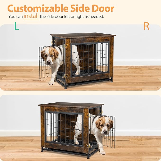 Shintenchi Wooden Dog Crate Furniture, Double-Doors Kennel Indoor with Removable Tray, End Table Dog Crate for Decoration, 32" L*22" W*25" H, Vintage Brown