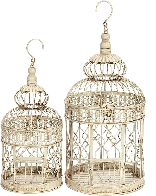 Deco 79 Metal Round Birdcage with Latch Lock Closure and Hanging Hook, Set of 2 22", 18"H, Cream