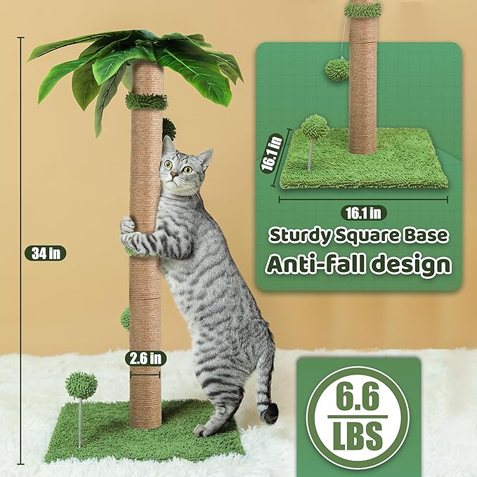 Cat Scratching Post, 34'' Tall Cat Scratchers for Indoor Cats, Cute Cat Tree Scratch Post for Large Cats and Kittens, Green