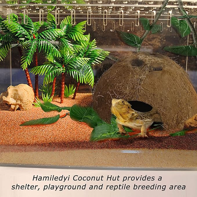 Hamiledyi Reptile Hideouts Natural Coconut Shells Hut Small Animal Hide Cave Hermit Crab Climbing Toys Lizard Habitat Decor Plant Leaves Decoration for Gecko Spider Snake Chameleon (4Pcs)