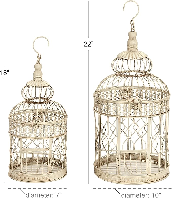 Deco 79 Metal Round Birdcage with Latch Lock Closure and Hanging Hook, Set of 2 22", 18"H, Cream
