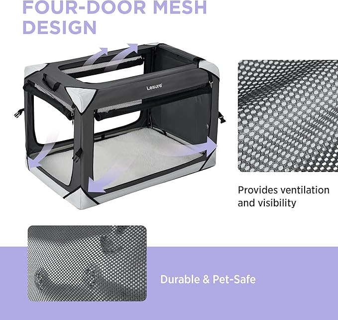 Lesure Collapsible Dog Crate - Portable Dog Travel Crate Kennel for Large Dog, 4-Door Pet Crate with Durable Mesh Windows, Indoor & Outdoor (Charcoal Gray)