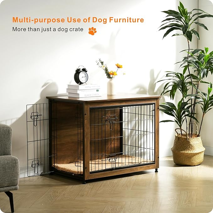 DWANTON Dog Crate Furniture with Cushion, Wooden Dog Crate with Double Doors, Dog Furniture, Indoor Dog Kennel，End Table, Medium, 32.5" L, Warm Brown