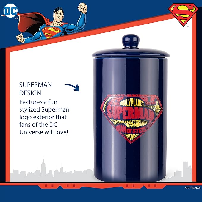 DC Comics Superman Logo Pattern Treat Jar | 10"x 5" Dog Treat Jar with Lid | Dishwasher Safe Superman Dog Food Storage Container Cylinder for Dog Treats