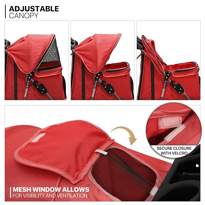 MoNiBloom 3 Wheels Pet Stroller, Foldable Puppy Cage Jogger Stroller with Weather Cover for All-Season, Storage Basket and Cup Holder, Breathable and Visible Mesh for Small/Medium Pets, Red