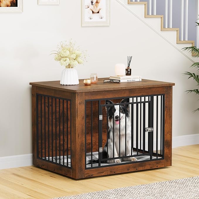 YITAHOME Dog Crate Furniture for Large Dogs, Side End Table, Modern Dogs Kennel Indoor up to 60 lb, 2-in-1 Iron-Wood Fusion Dog Cage with Waterproof Top, Safety Corners, Steel Lock,38"L, Rustic Brown