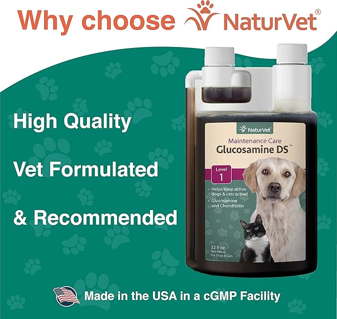 NaturVet Glucosamine DS Level 1 Maintenance, Joint Care Support Supplement for Dogs and Cats, Liquid, Made in The USA with Globally Source Ingredients 32 Ounce