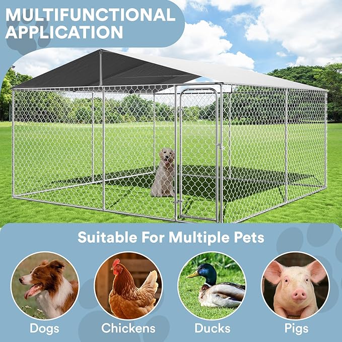 13'×13' Extra Large Outdoor Dog Kennel Dog Run Fence, Outside Dog Kennel with Roof, Heavy Duty Dog Playpen with Waterproof Sun-Proof Cover for Large Dogs