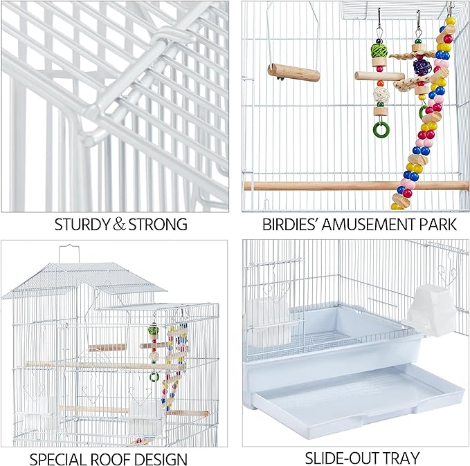 Yaheetech 39-inch Roof Top Medium Parakeet Bird Cages for Cockatiels Conures Finches Budgies Canaries Lovebirds Parakeets Green Cheek Small Birds Parrots, Travel Flight Birdcage w/Toys, White