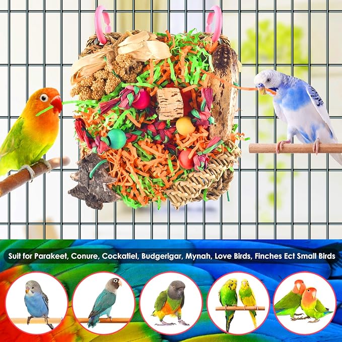 KATUMO Bird Toys, Parakeet Toys Conure Grass Mat Foraging Toys Parrot Shredding Hanging Toys for Cockatiel Lovebird Parakeet Budgie Small-Medium Birds