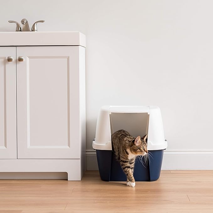 IRIS USA Jumbo Cat Litter Box Enclosure with Front Door Flap and Scoop, Hooded Kitty Litter Tray with Easy Access Lift Top Handle and Buckles for Portability and Privacy, Navy/White