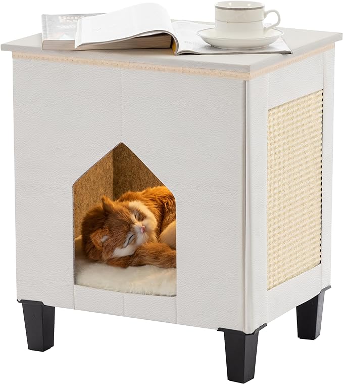 Cat House for Indoor Cats Condo,Cat Furniture with Large Area Cat Scratch Pad Cat Hideaway Cave,Leather Cat Bed Side Table & Nightstand for Living Room and Bedroom Decoration,White