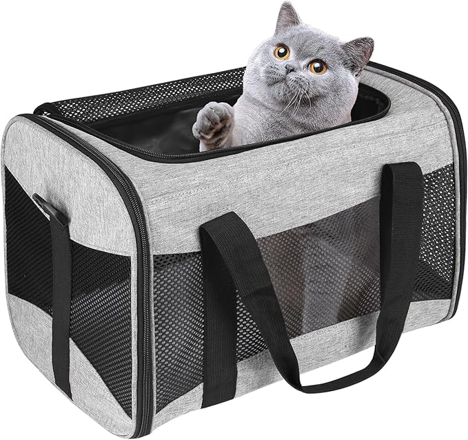 Cat Carrying Case - Pet Carrier Airline Approved, Protable and Breathable Pet Travel Carrier Removable Fleece Pad, Collapsible Cat Carrier Dog Carrier for Medium Cats Small Cats Dogs (X-L grey&black)