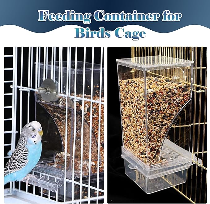 kathson No Mess Bird Feeder Water Dispenser Set,Automatic Parakeet Feeders Drinker Cage Acrylic Parrot Seed Food Dispenser Container Accessories for Small Lovebirds Canary Budgies Finch Squirrel(2Pcs)