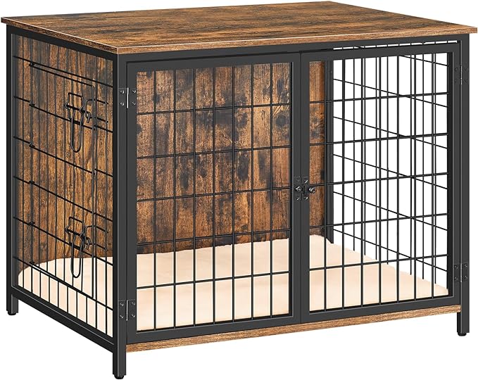 Dog Crate Furniture with Cushion, Wooden Dog Kennel with Double Doors, Heavy Duty Dog Cage for Small/Medium/Large Dogs, Indoor Dog House End Table, 31.5" L, Rustic Brown DCHR0701Z1