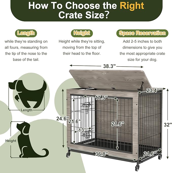 NicBex Dog Crate Furniture, 38.3" L Dog Crates for Large Dogs, Large Dog Crate with Double Doors, Wooden Dog Kennel Indoor Flip-Top for Large Dog House Pet Crate, Grey