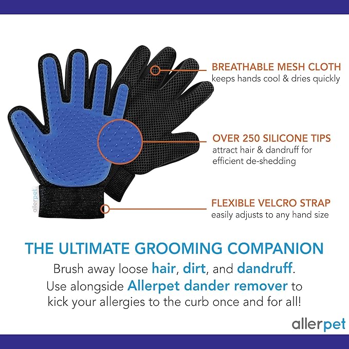 Allerpet Cat Dander Remover w/Free Pair of Grooming Gloves and Mitt - Effective Cat Dander Reduction, Anti Allergen Solution Made in USA - (12oz)