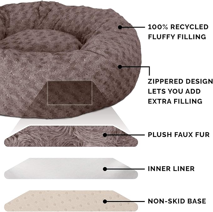 Furhaven 30" Round Donut Dog Bed for Medium/Small Dogs, Refillable w/ Removable Washable Cover, For Dogs Up to 45 lbs - Curly Faux Fur Donut Bed - Cocoa Dust, Medium
