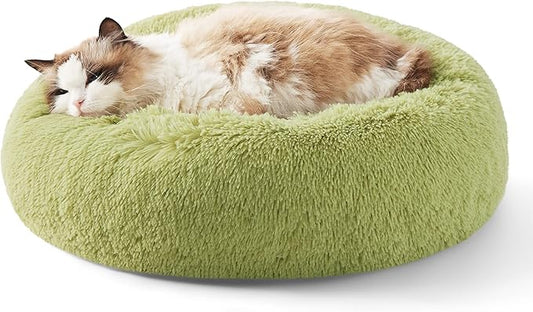 Bedsure Calming Cat Bed for Indoor Cats - Small Washable Round Cat Bed, Anti-Slip Fluffy Plush Faux Fur Pet Bed, Fits up to 15 lbs Pets, Green, 20 inches