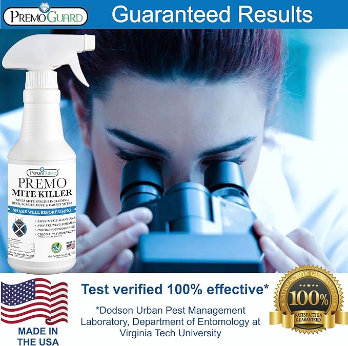 Mite Killer Spray by Premo Guard – 32 oz – Treatment for Dust Spider Bird Rat Mouse Carpet and Scabies Mites – Fast Acting 100% Effective – Child & Pet Safe – Best Natural Extended Protection