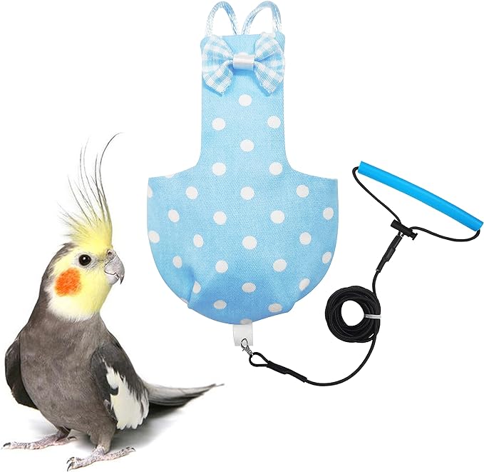 VANFAVORI Bird Diaper Harness Flight Suit Clothes with 80 Inch Flying Leash for Parrots Cockatiel Pet Bird, Blue with White Dots, S Size, Including A Cotton Pad