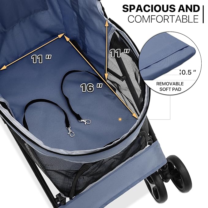 MoNiBloom 4 Wheels Pet Stroller, Easy-Fold Puppy Cage Jogger Stroller with Sun Cover, Pad and Rear Storage Bag, Breathable and Visible Mesh for Small/Medium Pets up to 22 lbs, Navy Blue