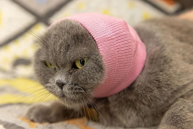 Ear Wrap for cats Head Covering Ear Anxiety Relief and Calming Cat Neck Ear Covers for cats Bath Wine+Blue-S