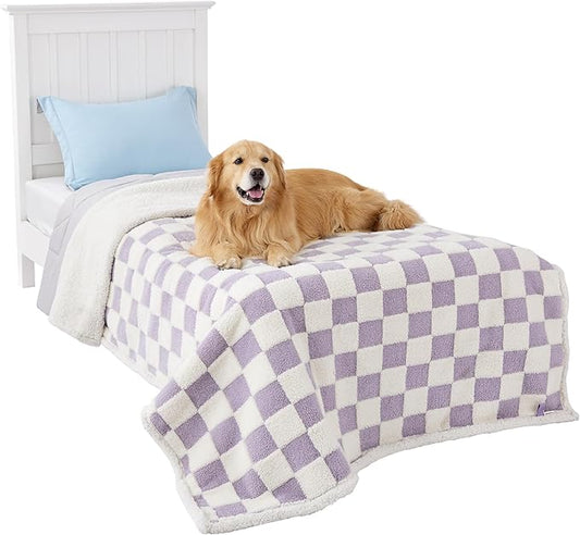 Lesure Waterproof Dog Blanket for Large Dogs - Washable Double Sided Dog Blankets with Warm Jacquard Shag and Soft Sherpa Fleece, Pet Cat blanket for Queen Bed Protection, 3D Textured Checks, Purple