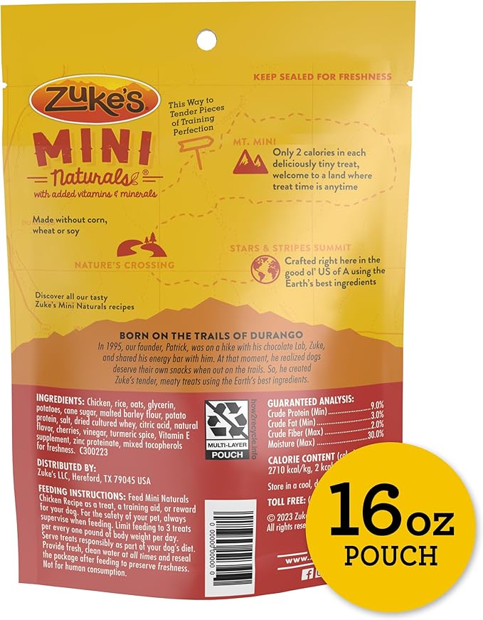 Zuke’s Mini Naturals Soft And Chewy Dog Treats For Training Pouch, Natural Treat Bites With Chicken Recipe - 16 oz. Bag