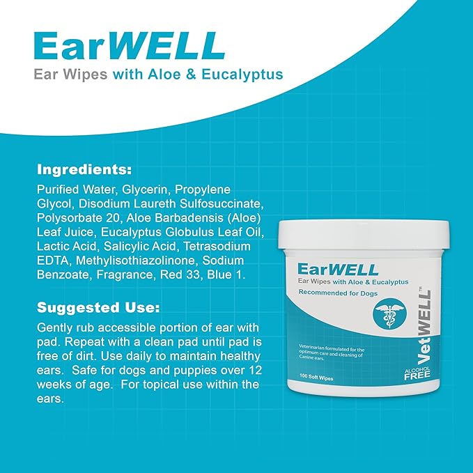 Dog Ear Wipes - Otic Cleaning Wipes for Infections and Controlling Ear Infections and Ear Odor in Pets - EarWELL by VetWELL - 100 Count