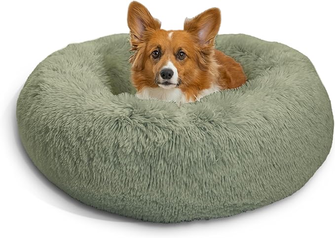 Best Friends by Sheri The Original Calming Donut Cat and Dog Bed in Shag Fur Sage, Medium 30"