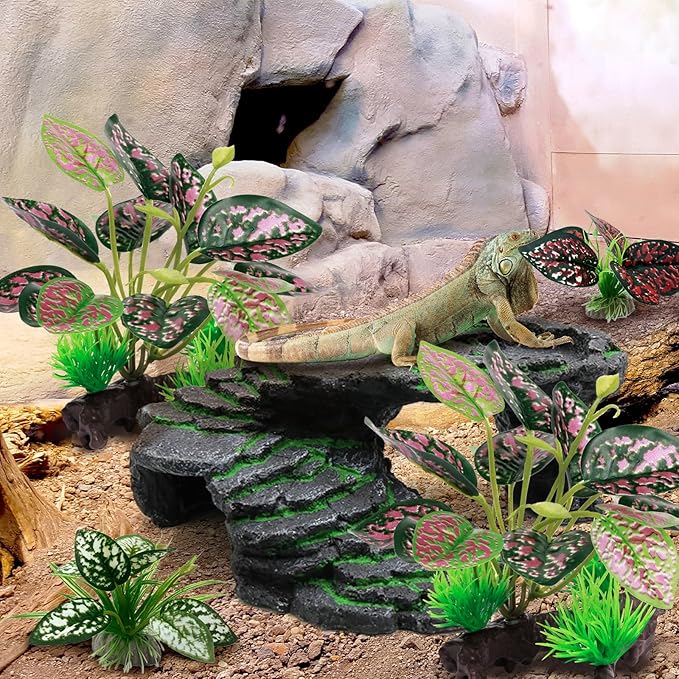 Reptile Artificial Plants, Terrarium Plants Decorations Supplies, Aquarium Fish Tank Plant, Amphibian Habitat Hideout Tank Accessories(M Set-4pcs/A)