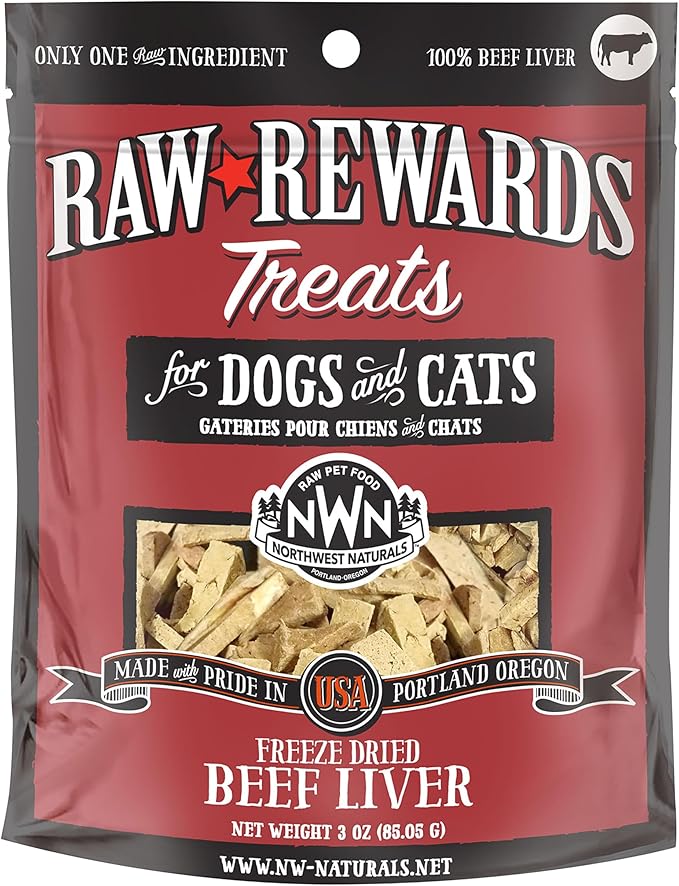 Northwest Naturals Raw Rewards Freeze-Dried Beef Liver Treats for Dogs and Cats - Bite-Sized Pieces - Healthy, 1 Ingredient, Human Grade Pet Food, All Natural - 3 Oz (Packaging May Vary)