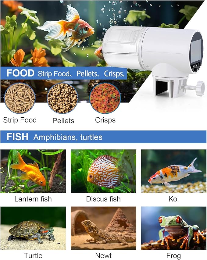 Automatic Fish Feeding Machine, Suitable for Aquarium or Fish Tank, Weekend and Holiday Display Battery Powered Fish Food Moisture-Proof Goldfish Turtle Food Distribution Machine,200ml Large Capacity