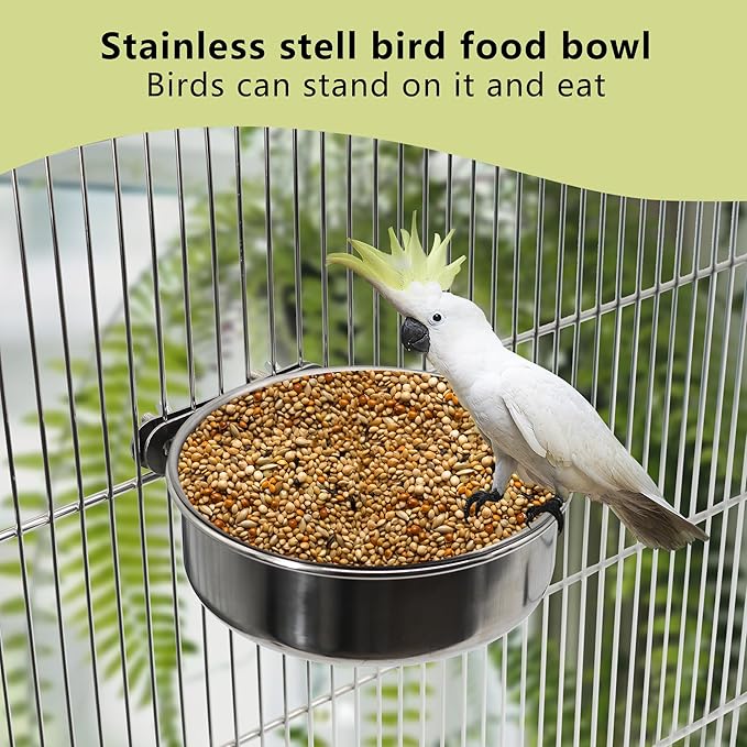 8 Pcs Small Bird Feeding Dish Cups,Parrot Food Bowl Cage with Clamp Holder Stainless Steel,Birdcage Coop Water Feeder for Cockatiel Parakeet Macaw Finches Lovebirds Small Animals (8 Pack, Small)