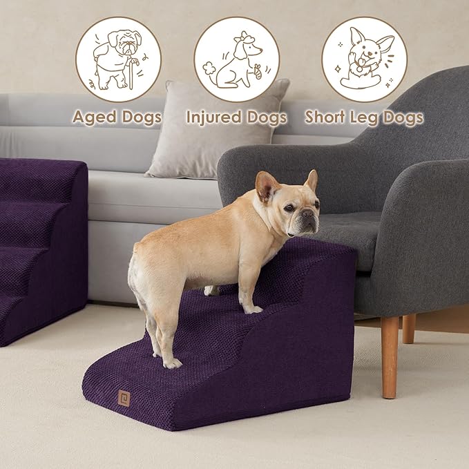 EHEYCIGA Curved Dog Stairs for Small Dogs 15.7" H, 3-Step Dog Steps for Couch Sofa and Chair, Pet Stairs for Cats, Non-Slip Balanced Pet Steps Indoor, Purple