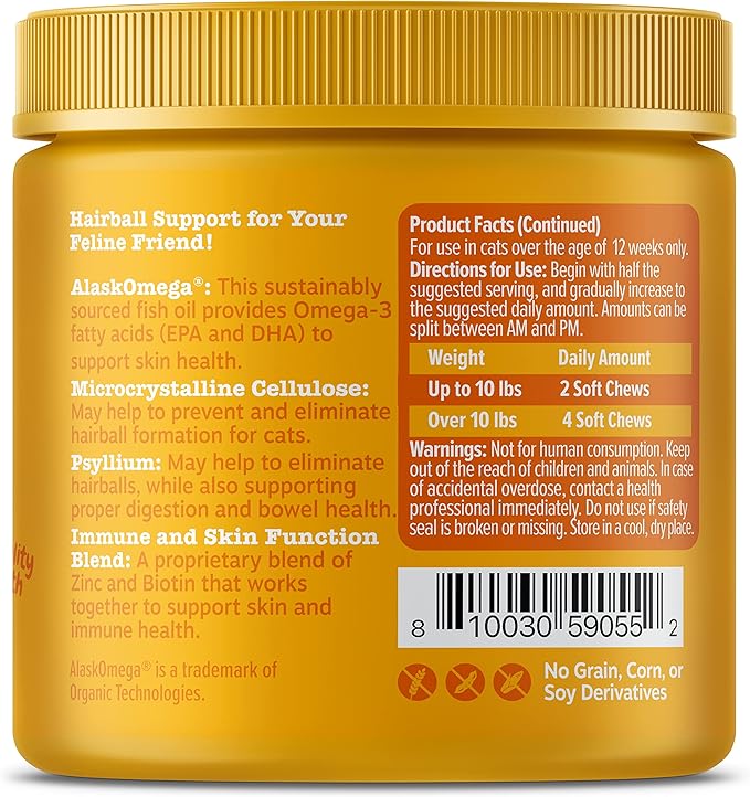 Zesty Paws Hairball Bites for Cats - Cat Furball Support - Functional Supplement with Omega 3 Fish Oil EPA & DHA + Zinc, Biotin & Psyllium Husk - Supports Gut & Skin Health - 60 Count