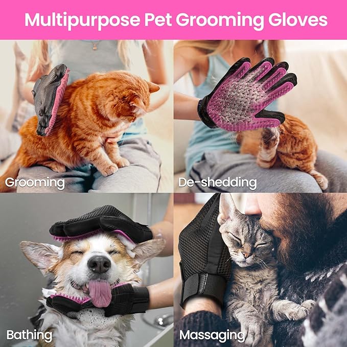 Upgrade Pet Grooming Gloves Cat Brushes Gloves for Gentle Shedding - Efficient Pets Hair Remover Mittens - Dog Washing Gloves for Long and Short Hair Dogs & Cats & Horses - 1 Pair (Pink)