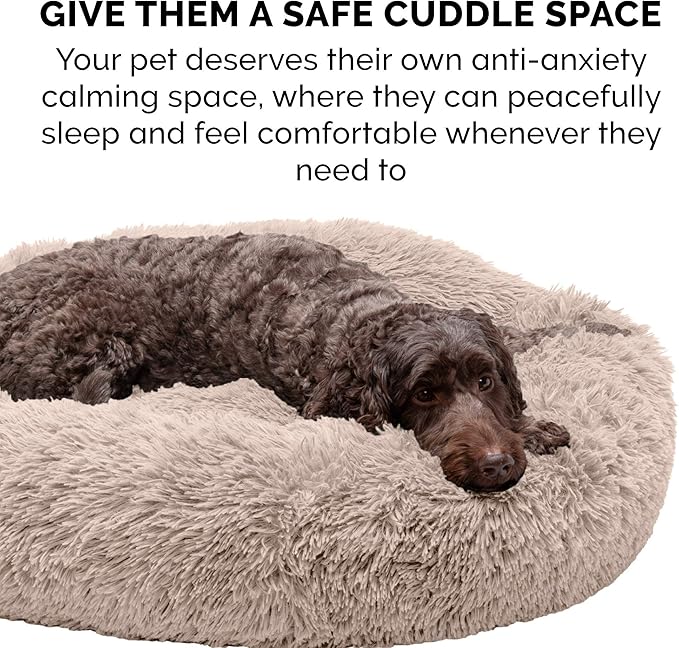 Furhaven 23" Round Calming Donut Dog Bed for Indoor Cats & Small Dogs, Washable, For Dogs Up to 20 lbs - Shaggy Plush Long Faux Fur Donut Bed - Taupe, Small, 23.0"L x 23.0"W x 9.0"Th