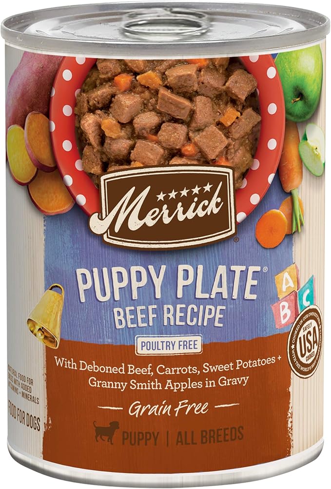 Merrick Grain Free Wet Puppy Food, Premium Soft And Gluten Free Canned Dog Food, Puppy Plate Beef Recipe - (Pack of 12) 12.7 oz. Cans